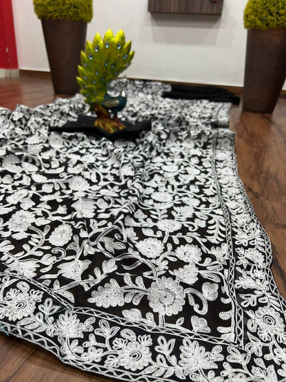Black georgette heavy chain stitch work party wear saree