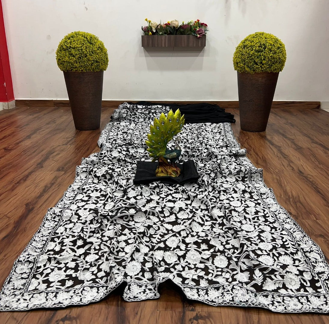 Black georgette heavy chain stitch work party wear saree