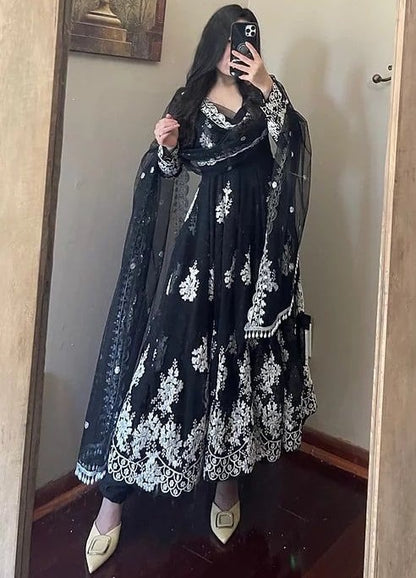 Black georgette heavy chainstitch embroidery party wear anarkali suit