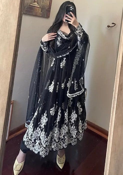Black georgette heavy chainstitch embroidery party wear anarkali suit