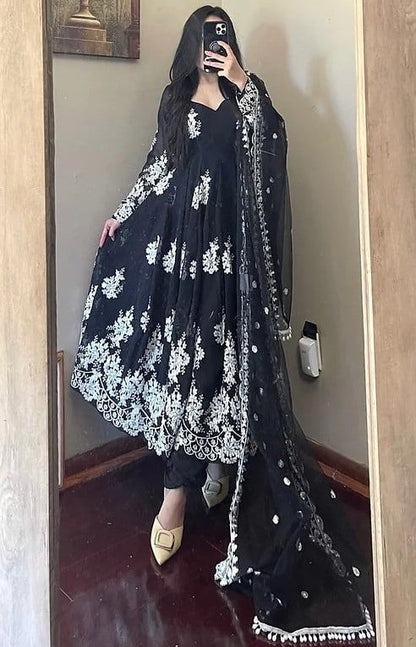 Black georgette heavy chainstitch embroidery party wear anarkali suit