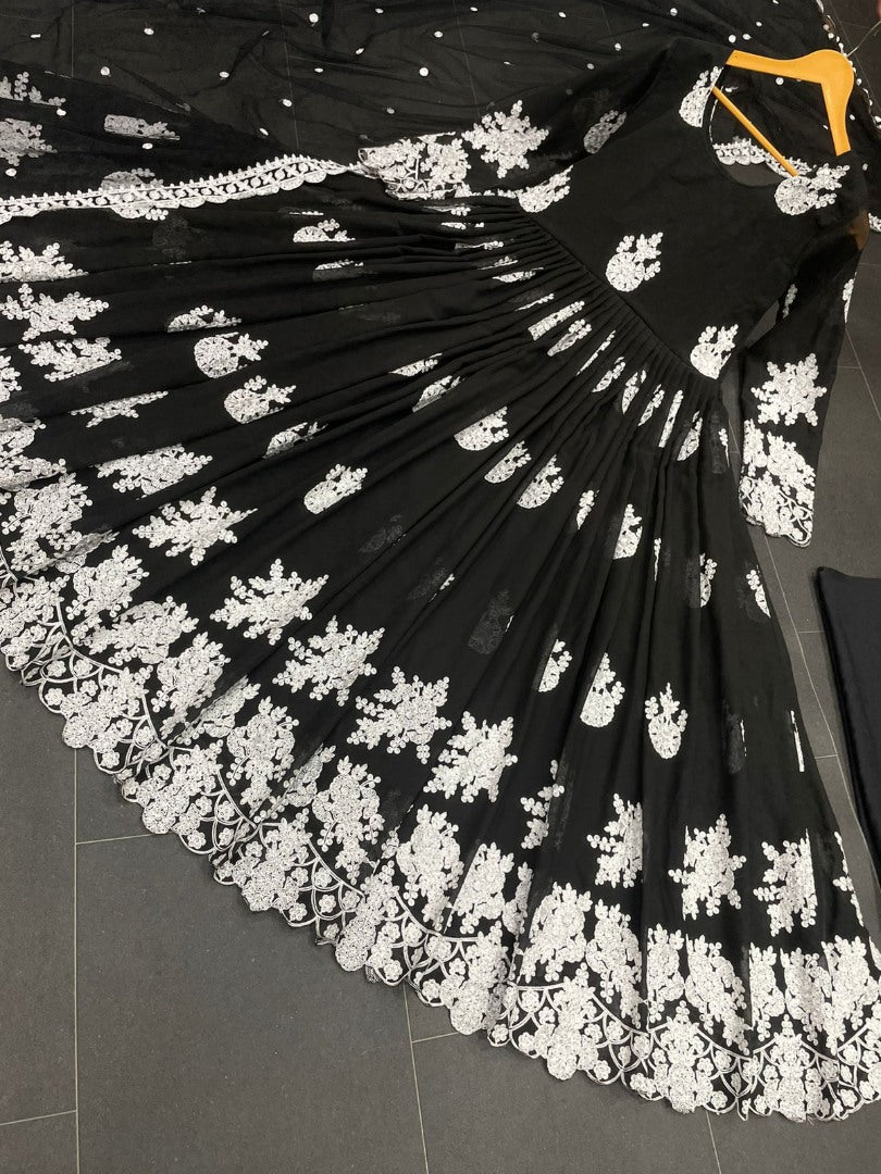 Black georgette heavy chainstitch embroidery party wear anarkali suit