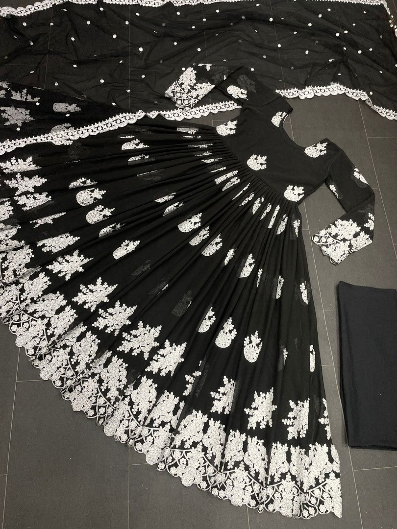 Black georgette heavy chainstitch embroidery party wear anarkali suit