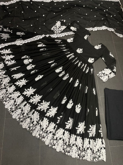Black georgette heavy chainstitch embroidery party wear anarkali suit