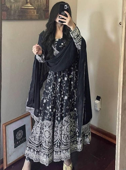Black georgette heavy embroidered anarkali suit