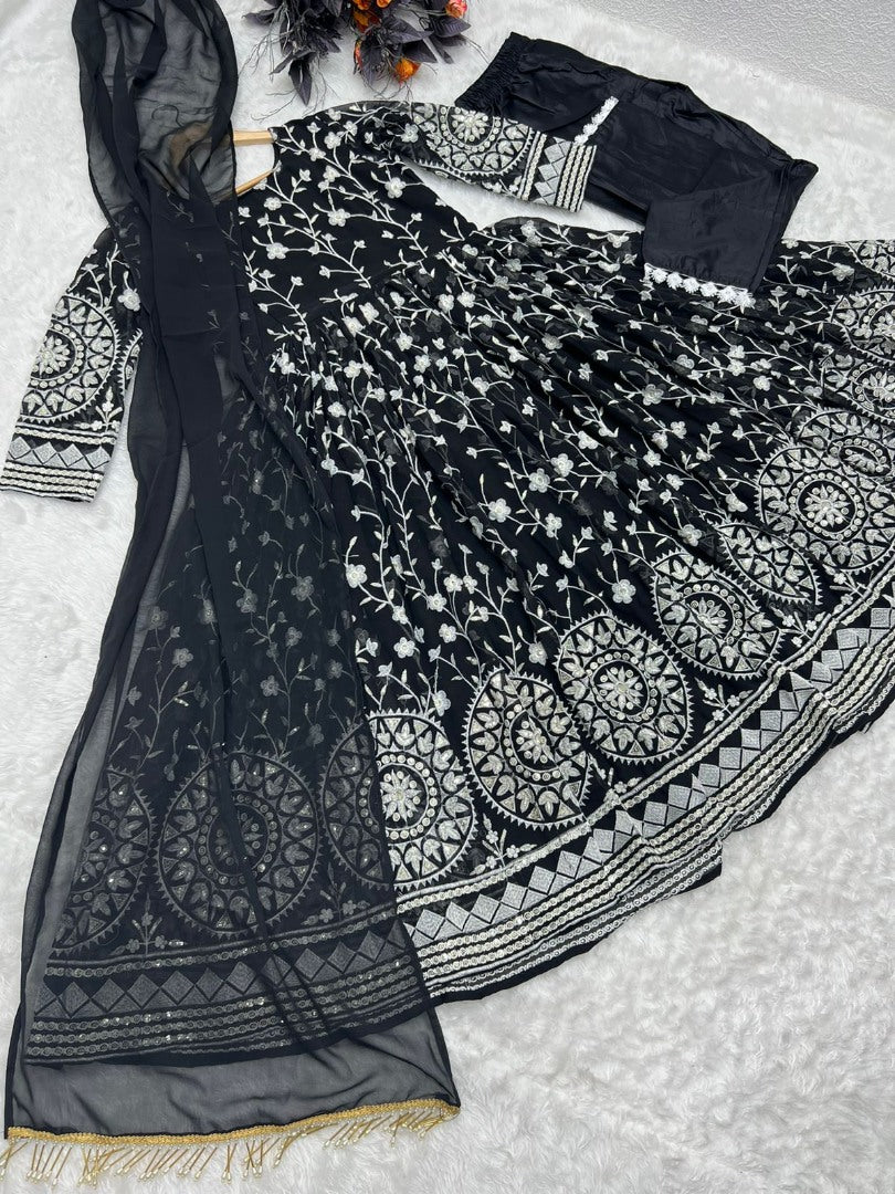 Black georgette heavy embroidered anarkali suit