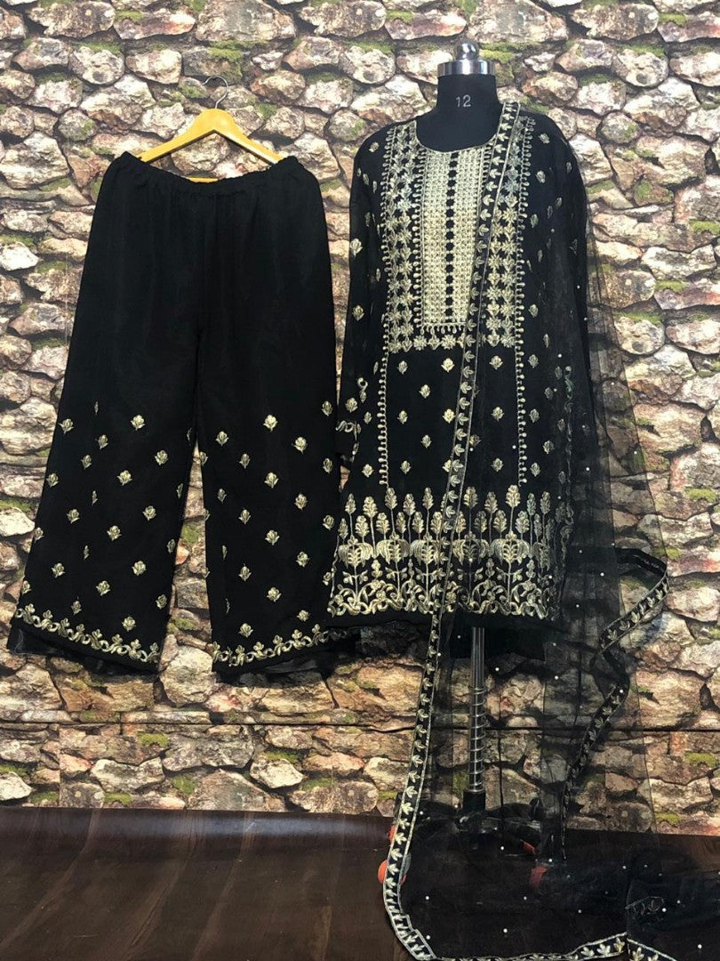 Black georgette heavy embroidered bollywood style plazzo suit