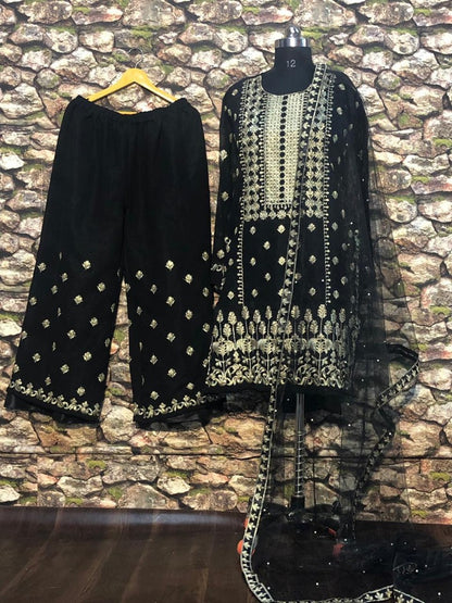 Black georgette heavy embroidered bollywood style plazzo suit