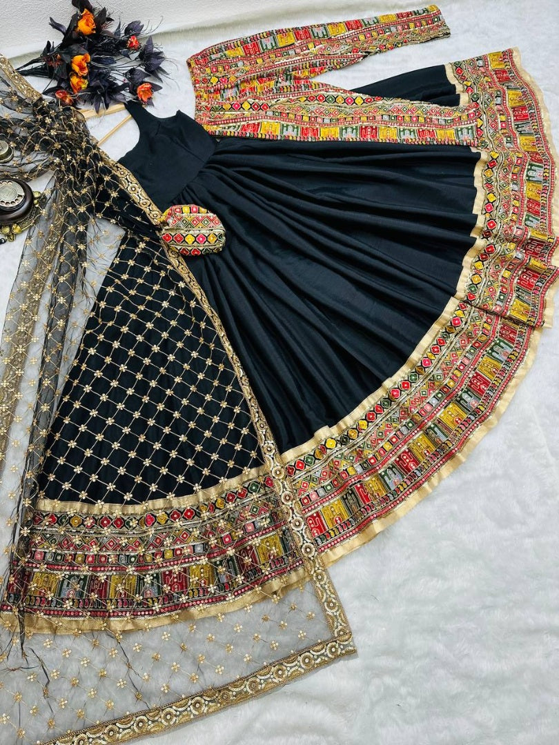 Black georgette heavy embroidered designer anarkali gown with hand bag