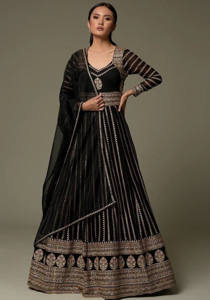 Black georgette heavy embroidered long gown for ceremony