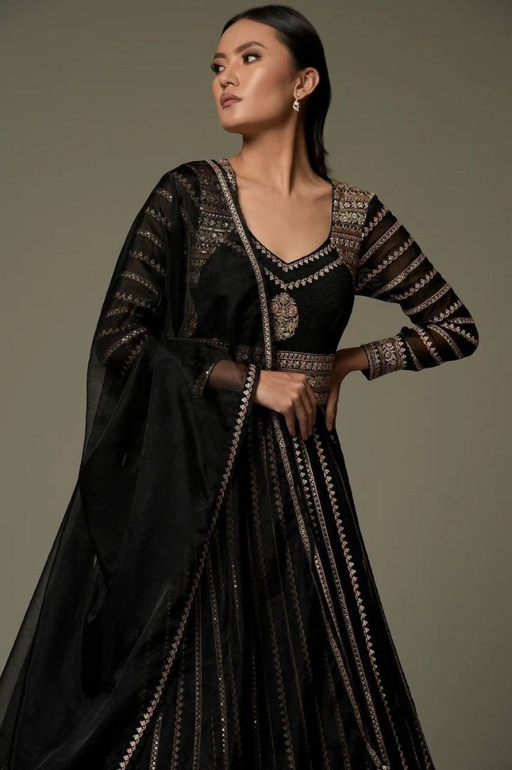 Black georgette heavy embroidered long gown for ceremony