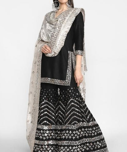 Black georgette heavy embroidered sharara salwar suit