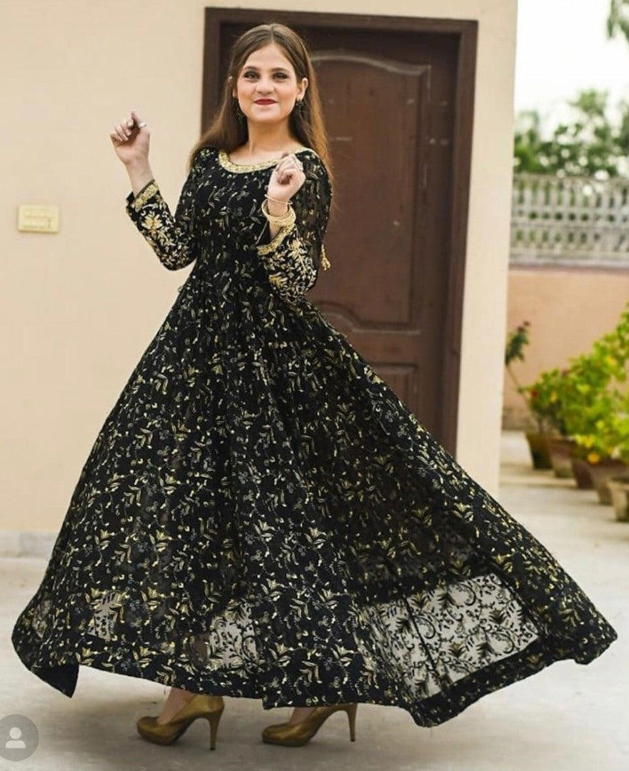 Black georgette heavy embroidered wedding gown