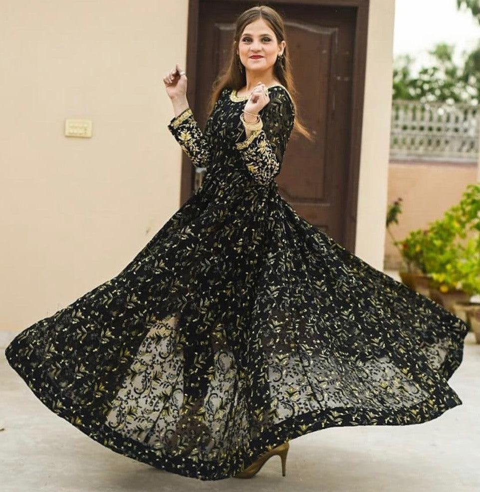Black georgette heavy embroidered wedding gown