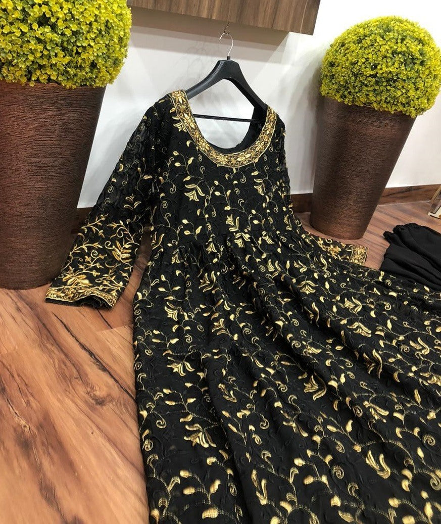 Black georgette heavy embroidered wedding gown