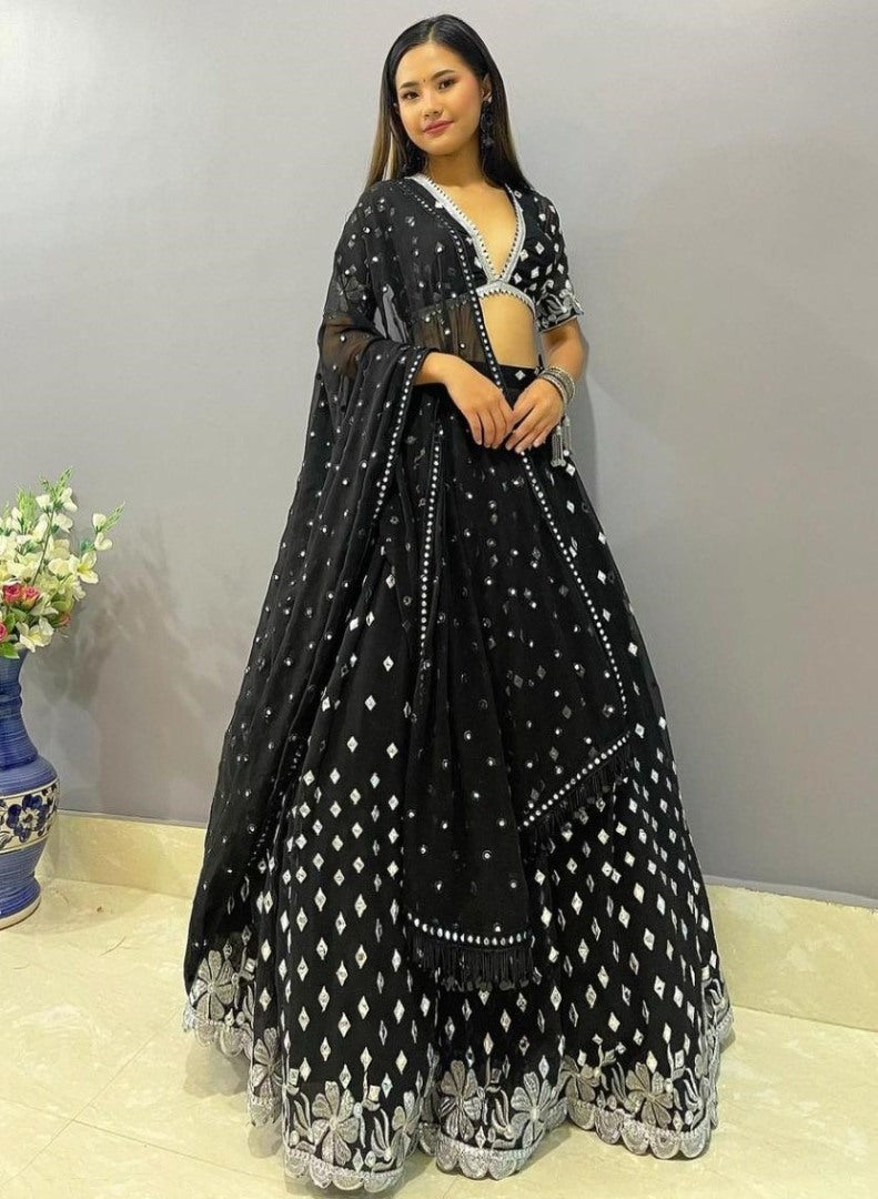 Black georgette heavy embroidered wedding lehenga choli