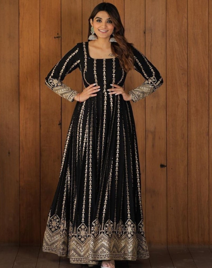 Black georgette heavy embroidery party wear gown