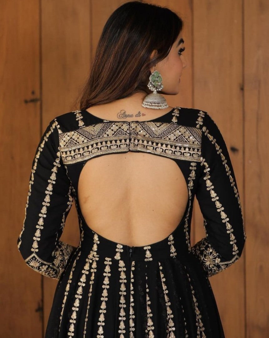 Black georgette heavy embroidery party wear gown