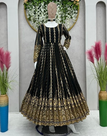 Black georgette heavy embroidery party wear gown