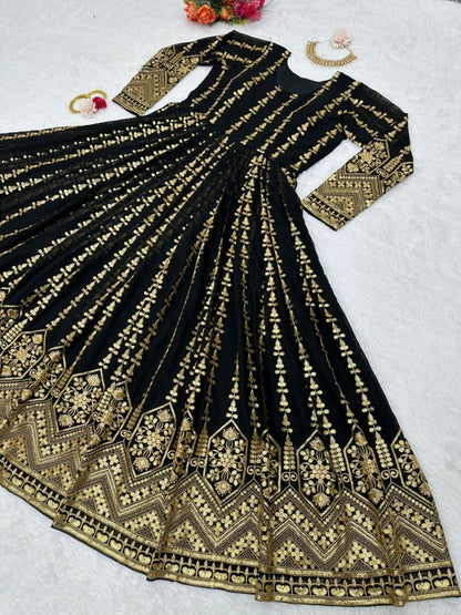 Black georgette heavy embroidery party wear gown