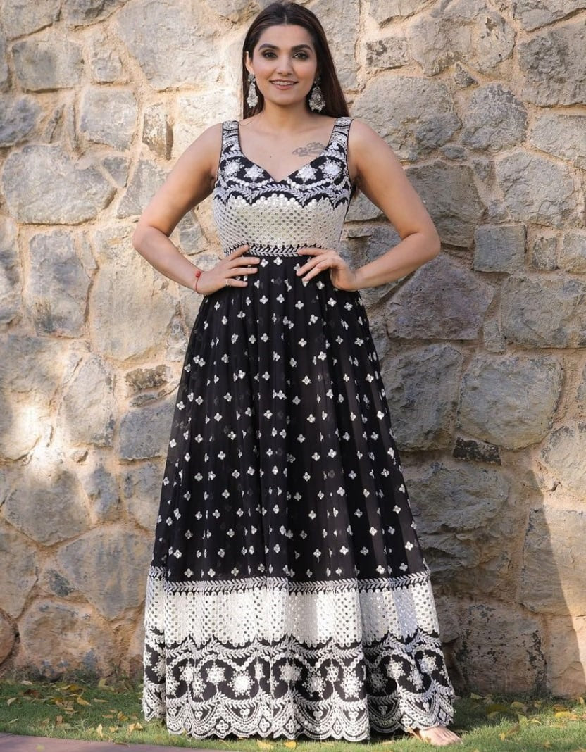 Black georgette heavy embroidery work gown