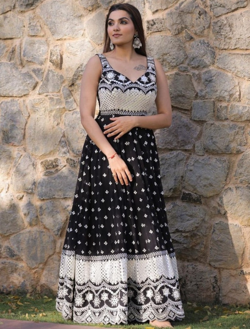 Black georgette heavy embroidery work gown