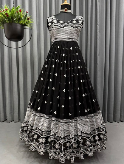 Black georgette heavy embroidery work gown