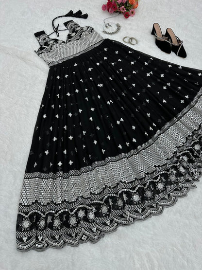 Black georgette heavy embroidery work gown