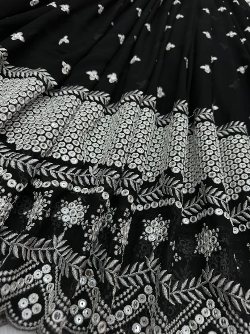 Black georgette heavy embroidery work gown
