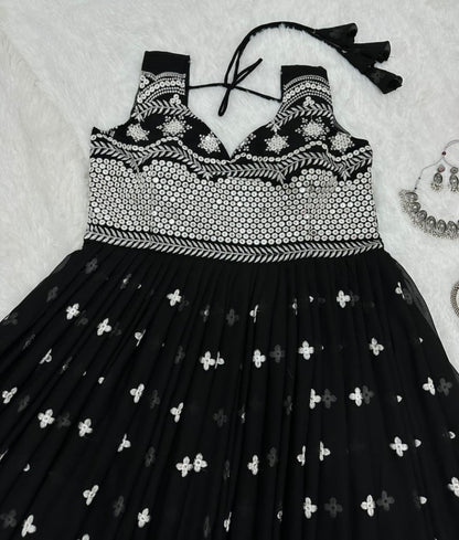 Black georgette heavy embroidery work gown