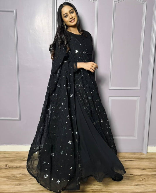 Black georgette heavy flair anarkali suit with heavy work dupatta