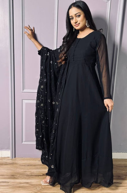 Black georgette heavy flair anarkali suit with heavy work dupatta