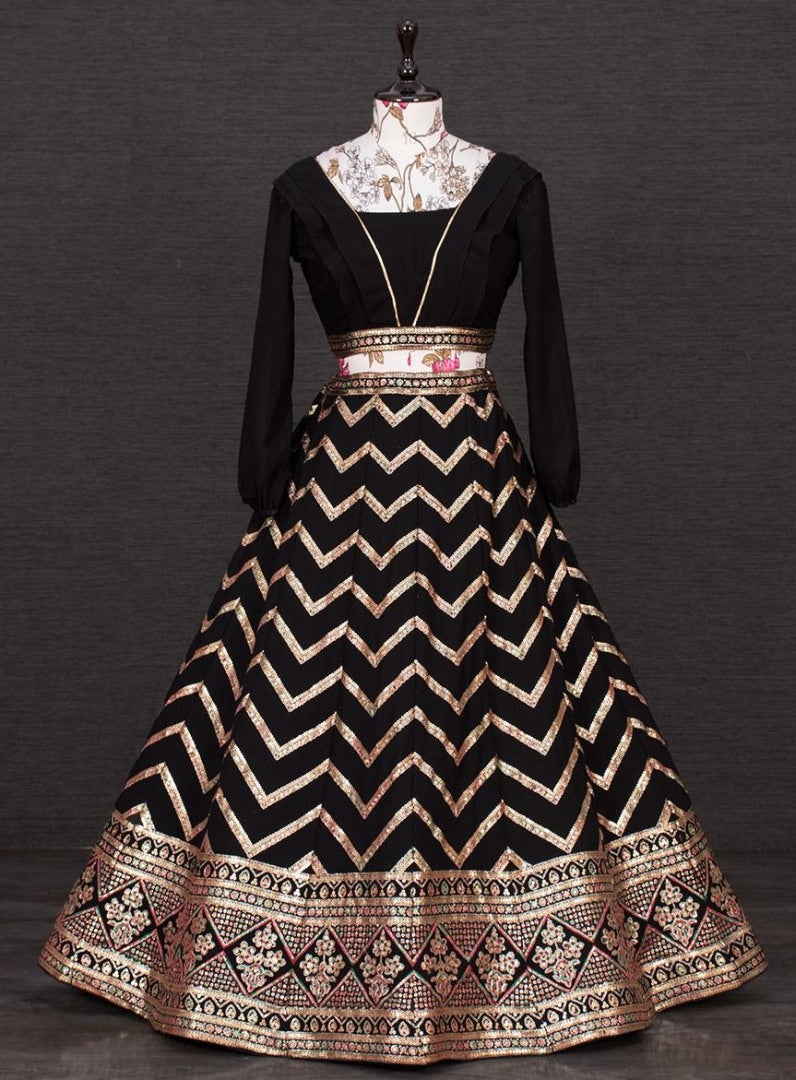 Black georgette heavy sequence embroidered crop top lehenga