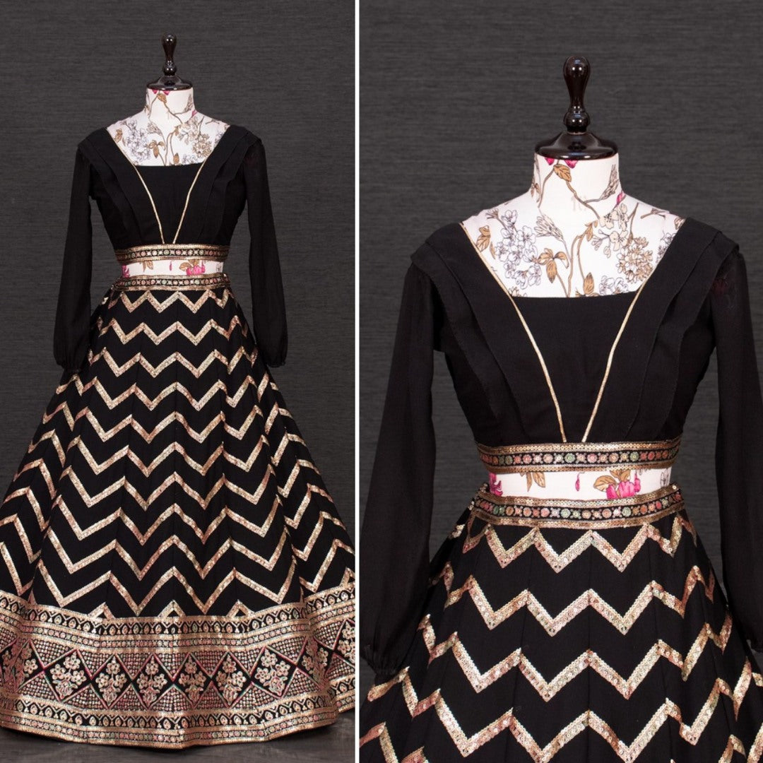 Black georgette heavy sequence embroidered crop top lehenga