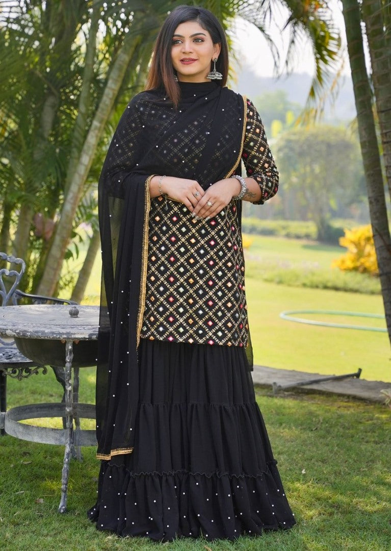 Black georgette heavy sequence embroidered sharara suit