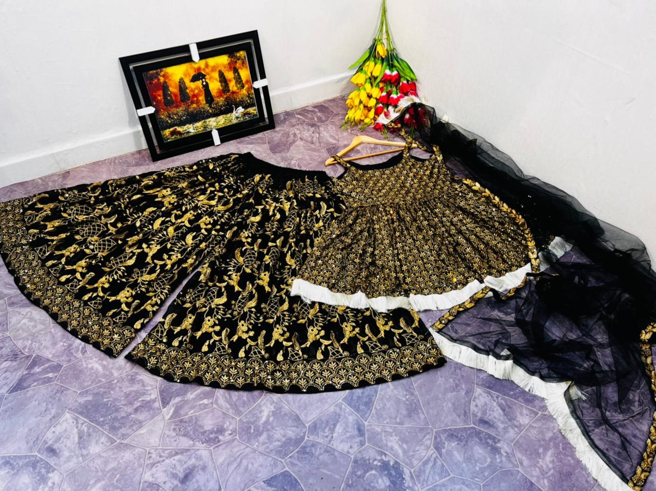 Black georgette heavy sequence embroidered sharara suit