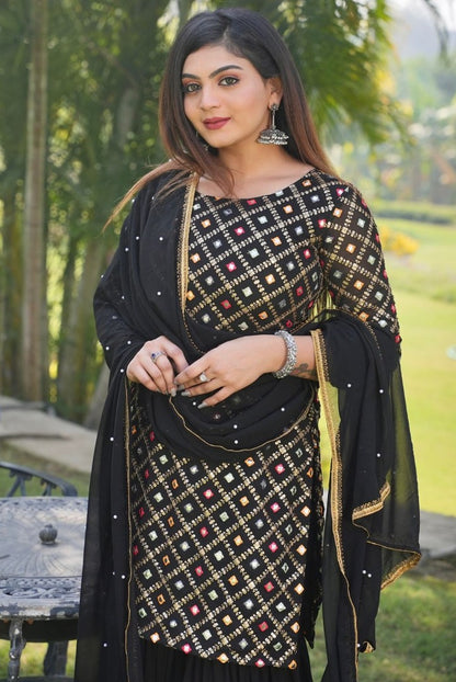 Black georgette heavy sequence embroidered sharara suit