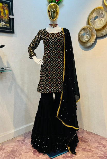 Black georgette heavy sequence embroidered sharara suit