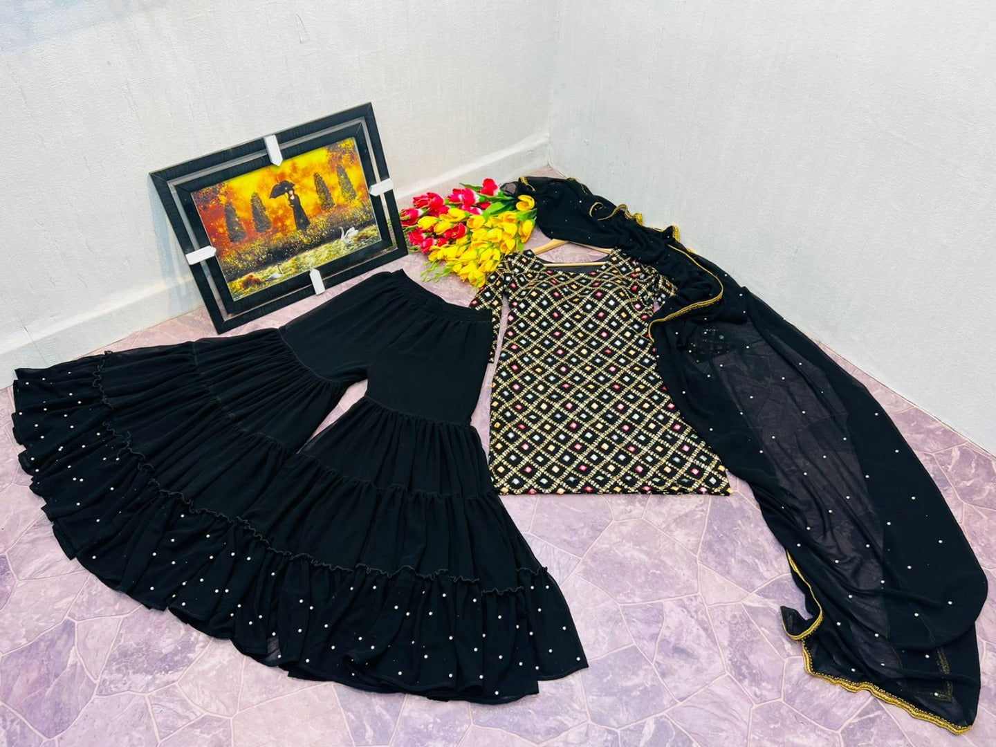 Black georgette heavy sequence embroidered sharara suit