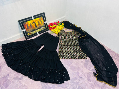 Black georgette heavy sequence embroidered sharara suit