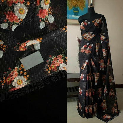 Black georgette heavy sequence flower printed saree