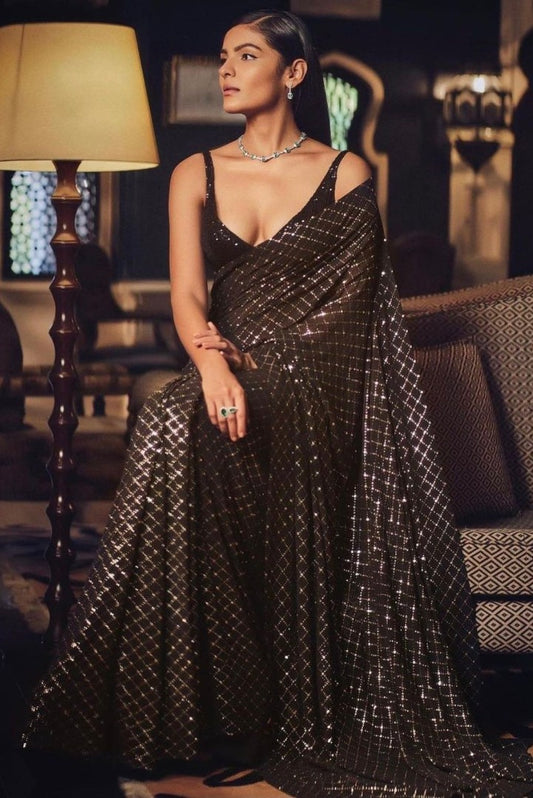 Black georgette heavy sequence work ceremonial saree