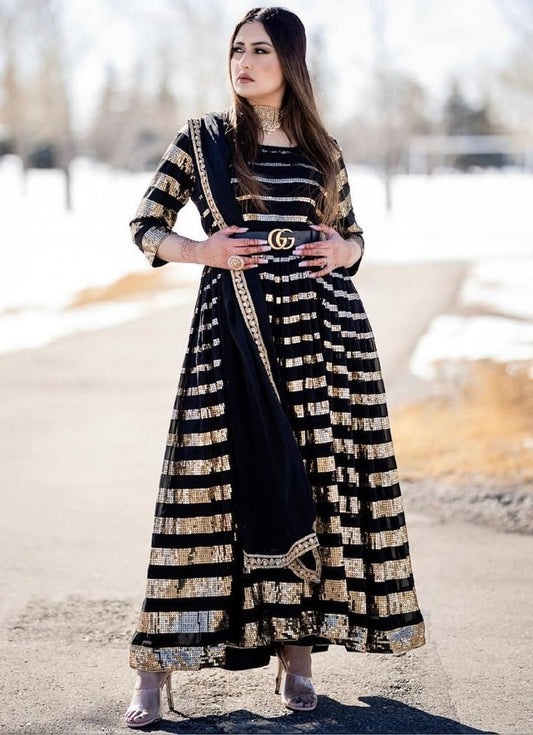 Black georgette heavy sequence work partywear gown with gucci belt