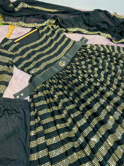 Black georgette heavy sequence work partywear gown with gucci belt