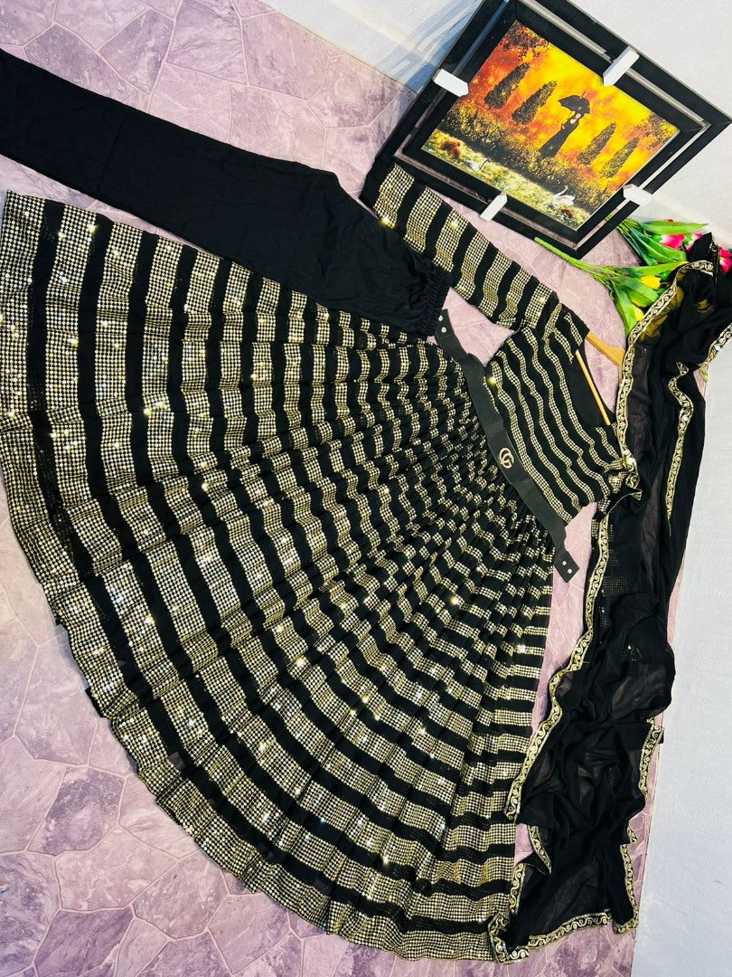 Black georgette heavy sequence work partywear gown with gucci belt