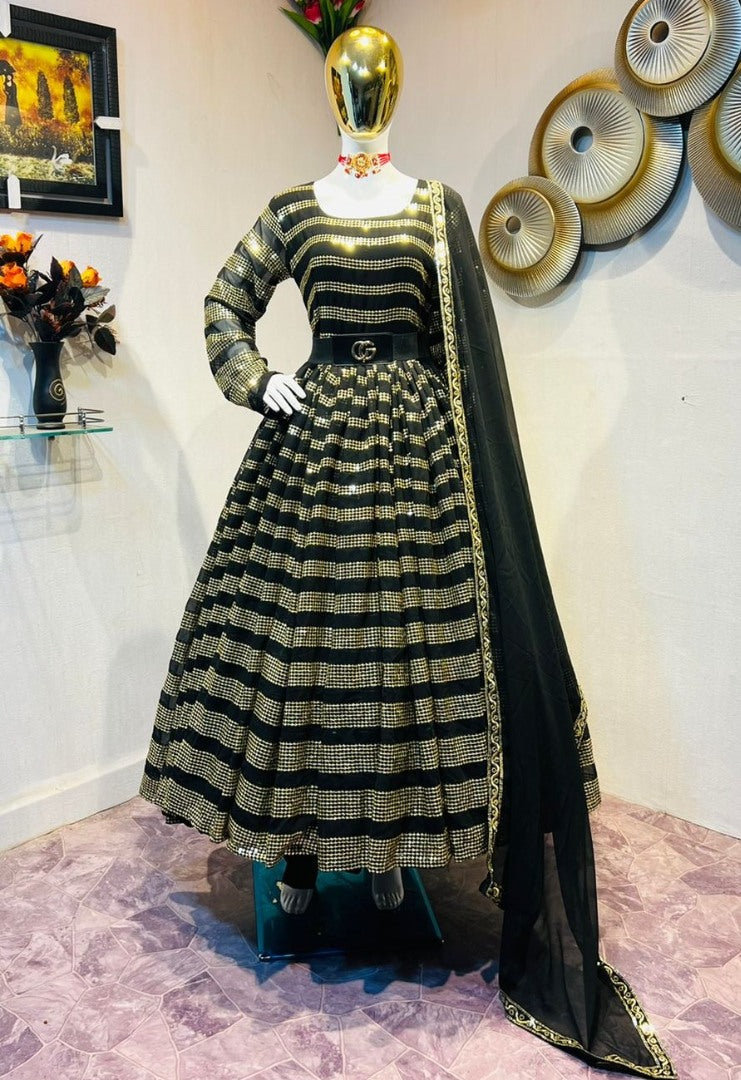 Black georgette heavy sequence work partywear gown with gucci belt