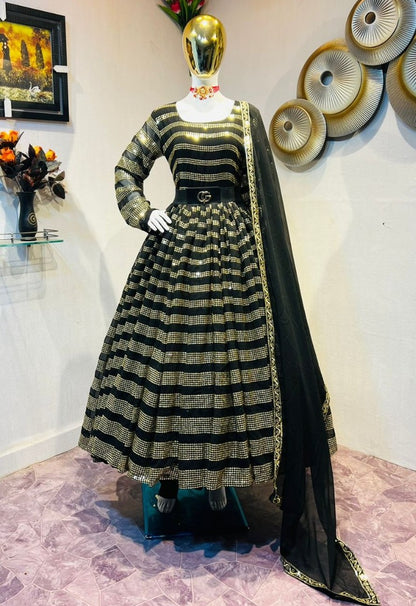 Black georgette heavy sequence work partywear gown with gucci belt