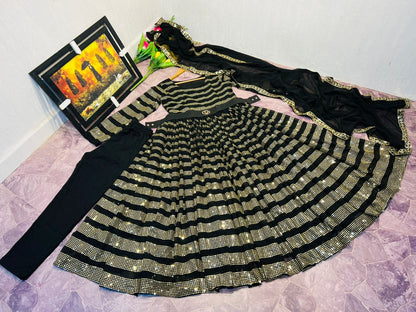 Black georgette heavy sequence work partywear gown with gucci belt