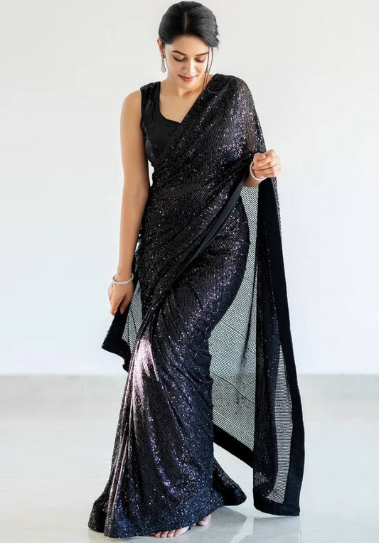Black georgette heavy shiny sequence work party wear saree