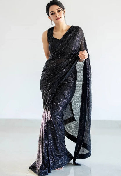 Black georgette heavy shiny sequence work party wear saree
